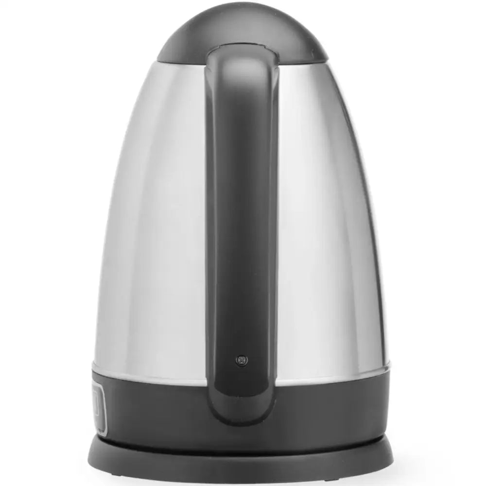 Elektrisk trådløs vannkoker i rustfritt stål, baksidevisning med svart håndtak og rund topp.