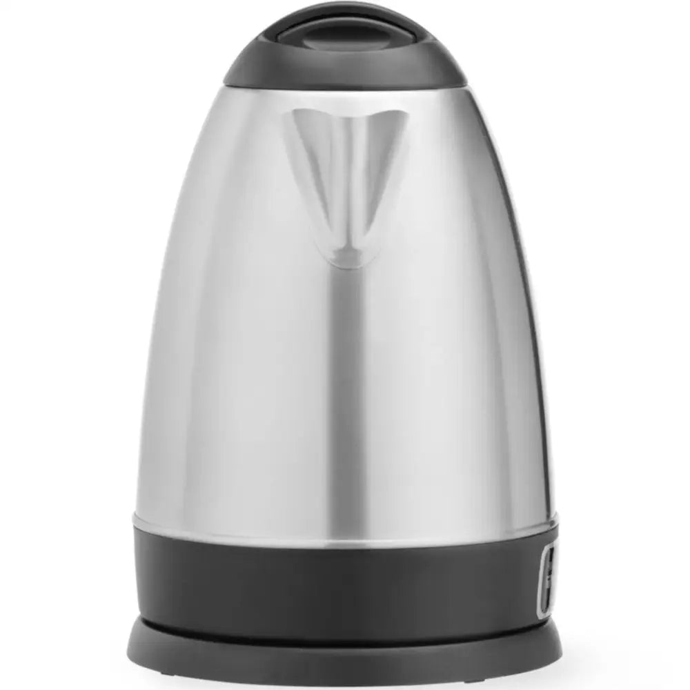 Elektrisk vannkoker i rustfritt stål, frontvisning med sort håndtak og sentrert tut.