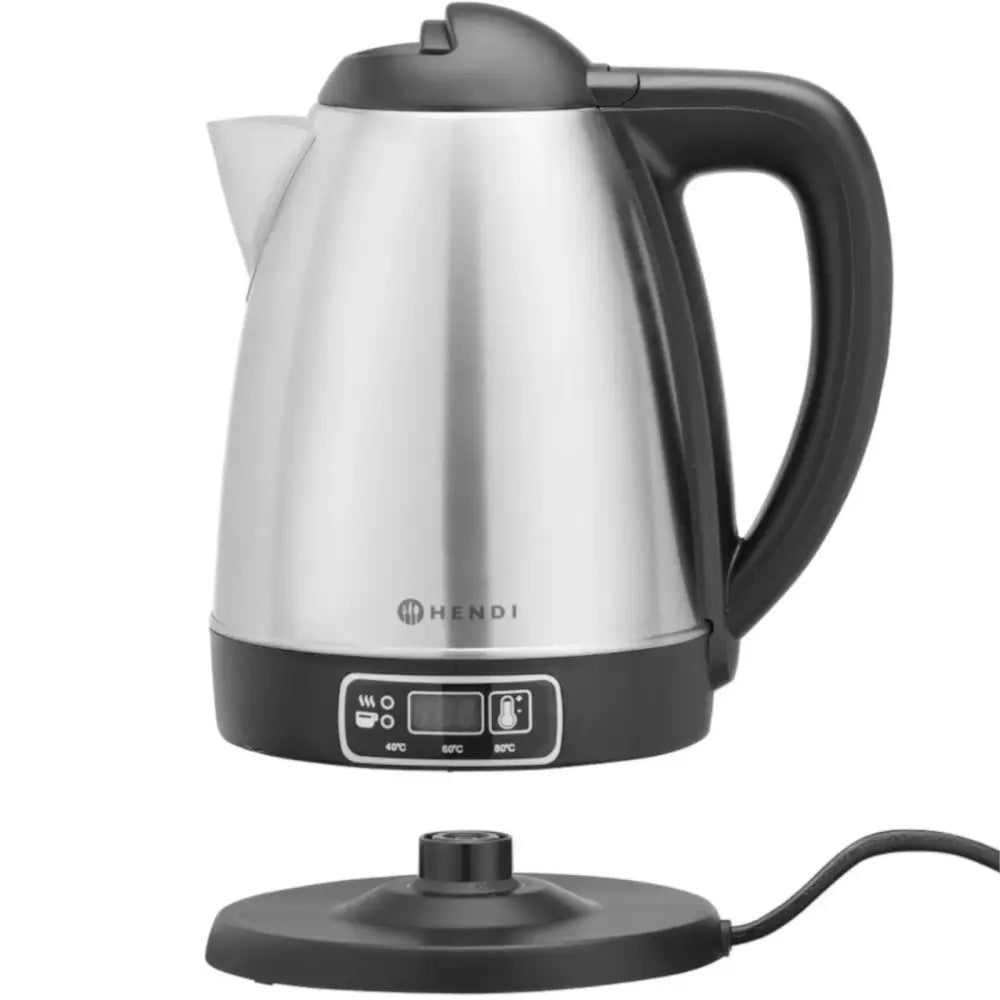 Elektrisk trådløs vannkoker i rustfritt stål, sidevisning med synlig elektronisk base og temperaturkontroll.