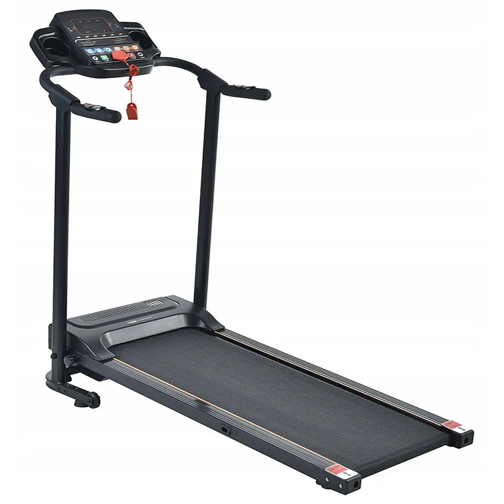 Tredemølle hjem HRS T-150, skrå visning med digital konsoll og synlig rød sikkerhetsnøkkel.