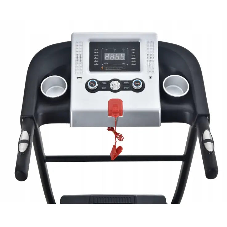 Tredemølle Eliton 515 kontrollpanel sett ovenfra, med skjerm, koppholdere og rød sikkerhetsnøkkel.