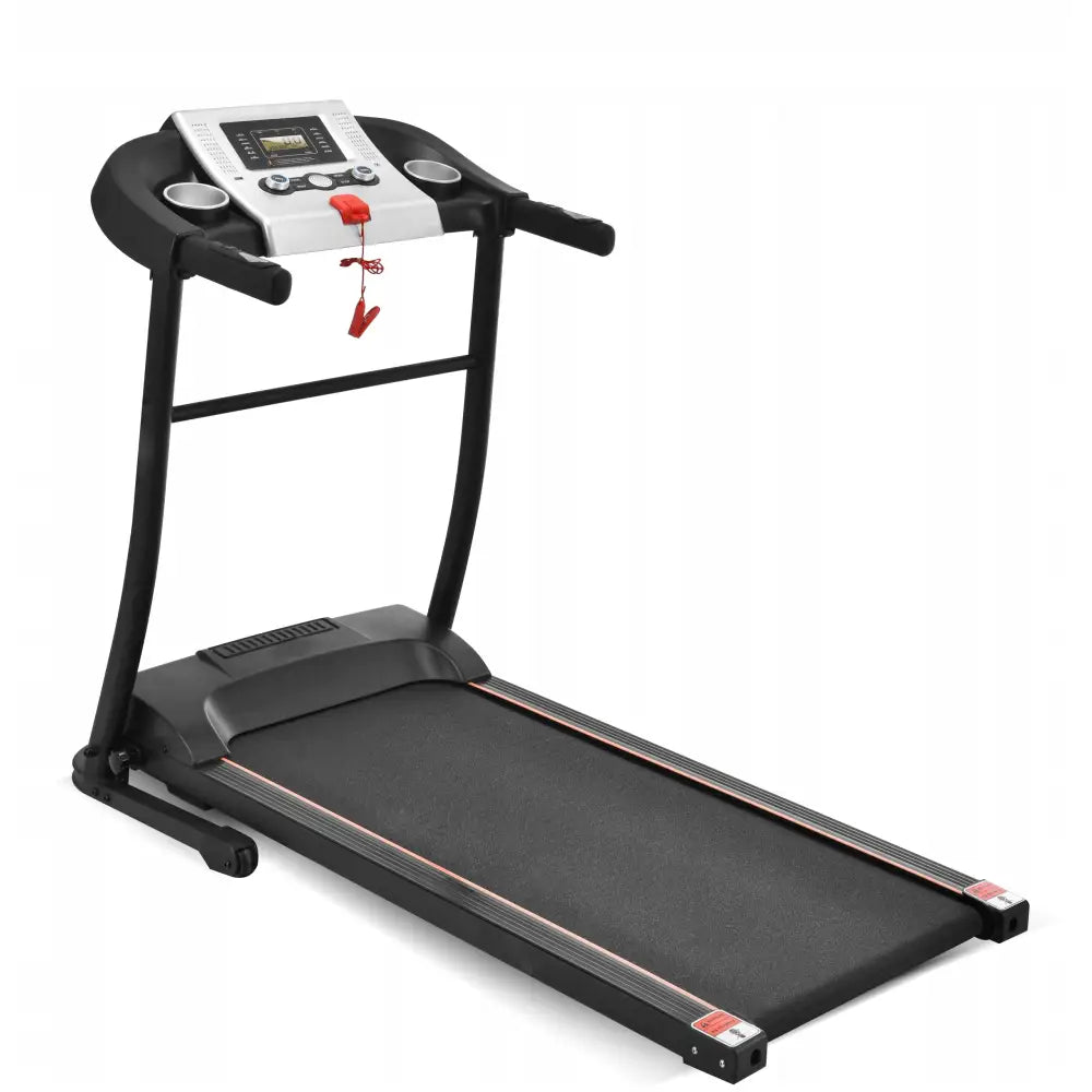 Tredemølle for hjemmebruk Eliton, skrå frontvisning med digitalt display og synlig rød sikkerhetsnøkkel.