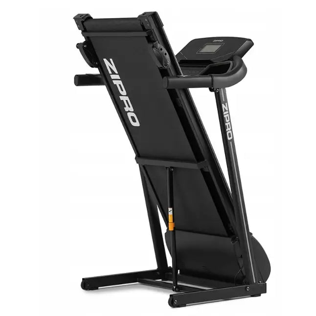 Tredemølle Zipro Colt sammenfoldet, sett fra skrå bakside med synlig display og tydelige ZIPRO-logoer.