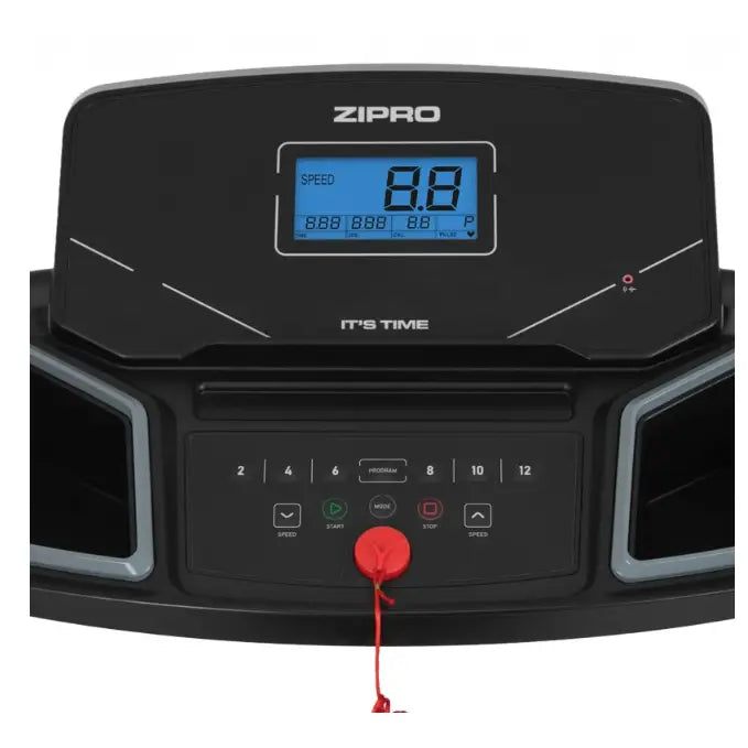 Tredemølle Zipro Colt, detalj av sort betjeningspanel med digitalt display og synlig sikkerhetsnøkkel sett ovenfra.