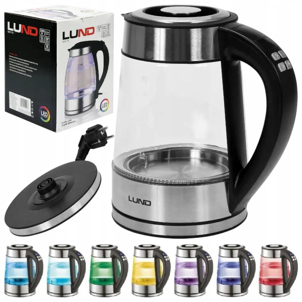 Elektrisk vannkoker i gjennomsiktig glass med LED-lys, sort håndtak og avtagbar base, sett fra siden.