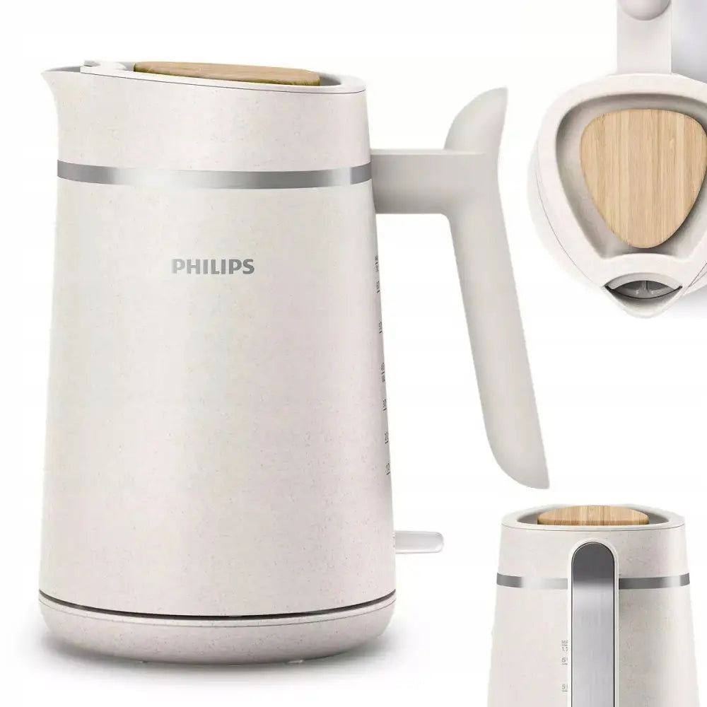 Elektrisk vannkoker fra Philips i matt lys beige plast med treimitert lokk, synlig håndtak og vannindikator.