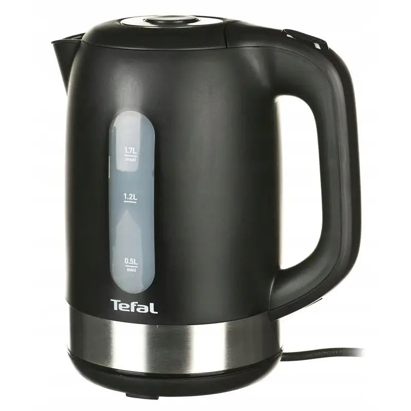 Elektrisk vannkoker Tefal, sort plastdesign med måleskala, sølv base og ergonomisk håndtak.