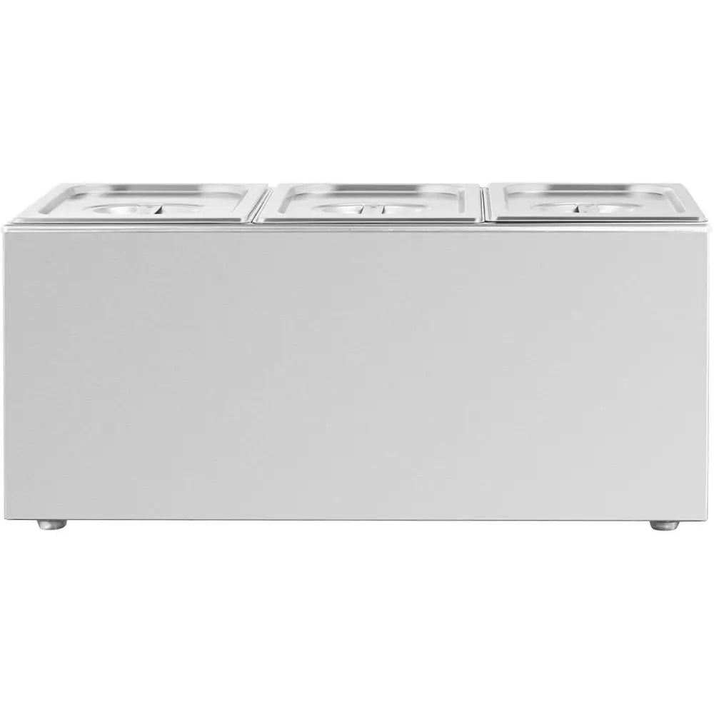 Elektrisk varmeovn med tre separate GN 1/3-lokk, sett forfra med synlige kontrollknotter.