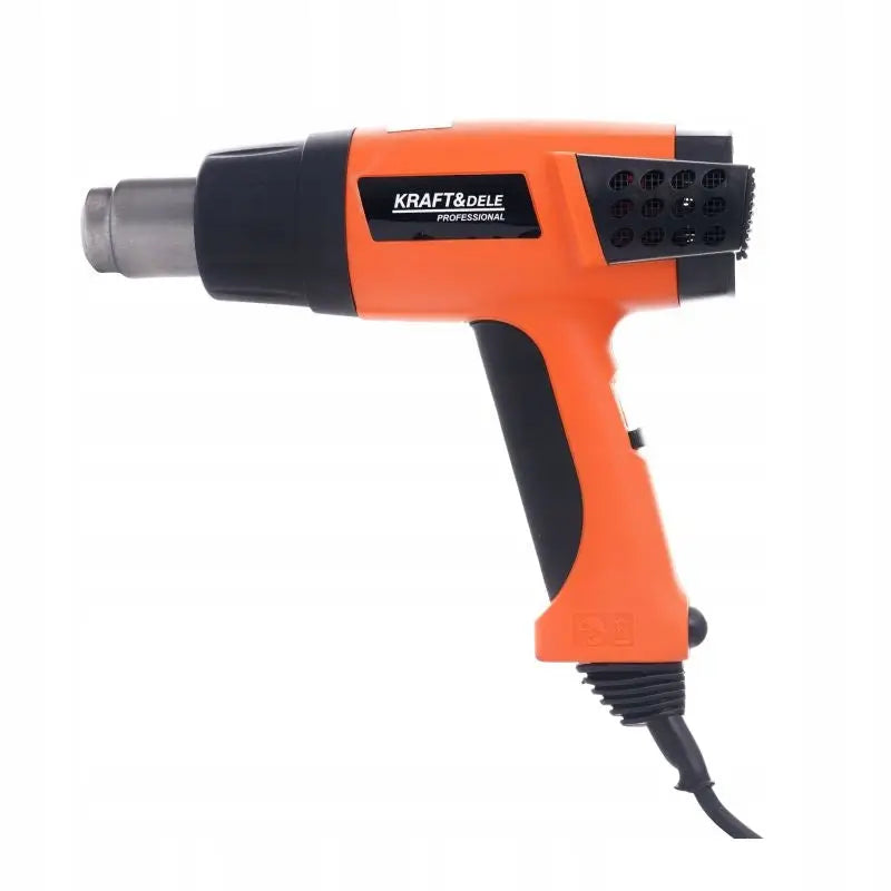 Elektrisk varmluftspistol med LCD-skjerm, oransje design, sidevisning med synlig metallmunnstykke og ventilasjon.