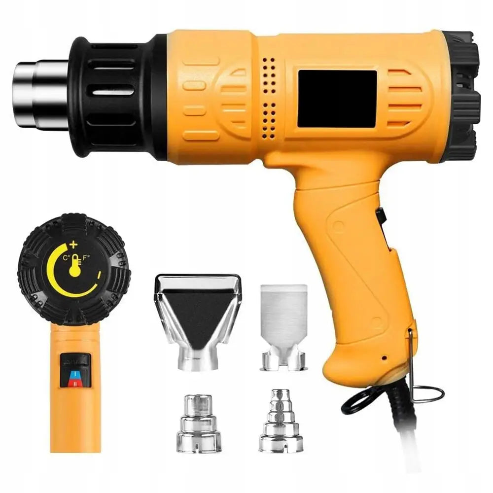 Elektrisk varmluftspistol med digitalt display, gul og svart design, fem metallmunnstykker vist fra siden.