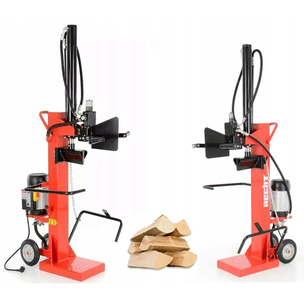 Elektrisk vedklyver vertikal 10T, rød modell med sorte håndtak og hjul, stablede vedkubber foran.