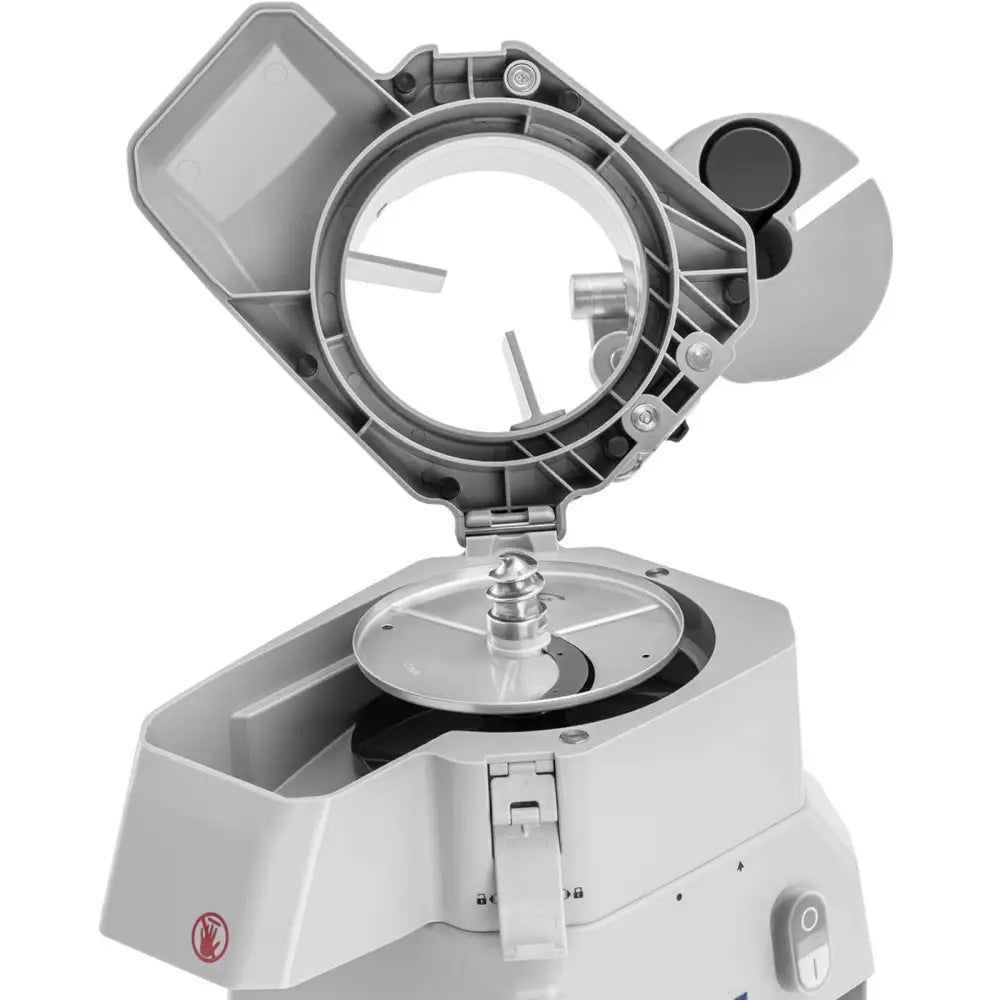 Elektrisk vegskjærer med åpent lokk, nærbilde av indre kammer, dreiehjul og synlige mekaniske komponenter.