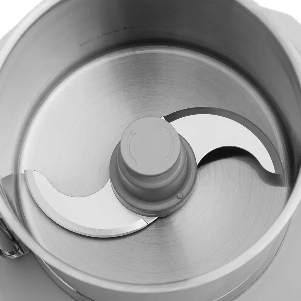 Elektrisk vegskjærer med fire 174 mm skiver, toppvisning av rustfri beholder og doble buede stålblader.