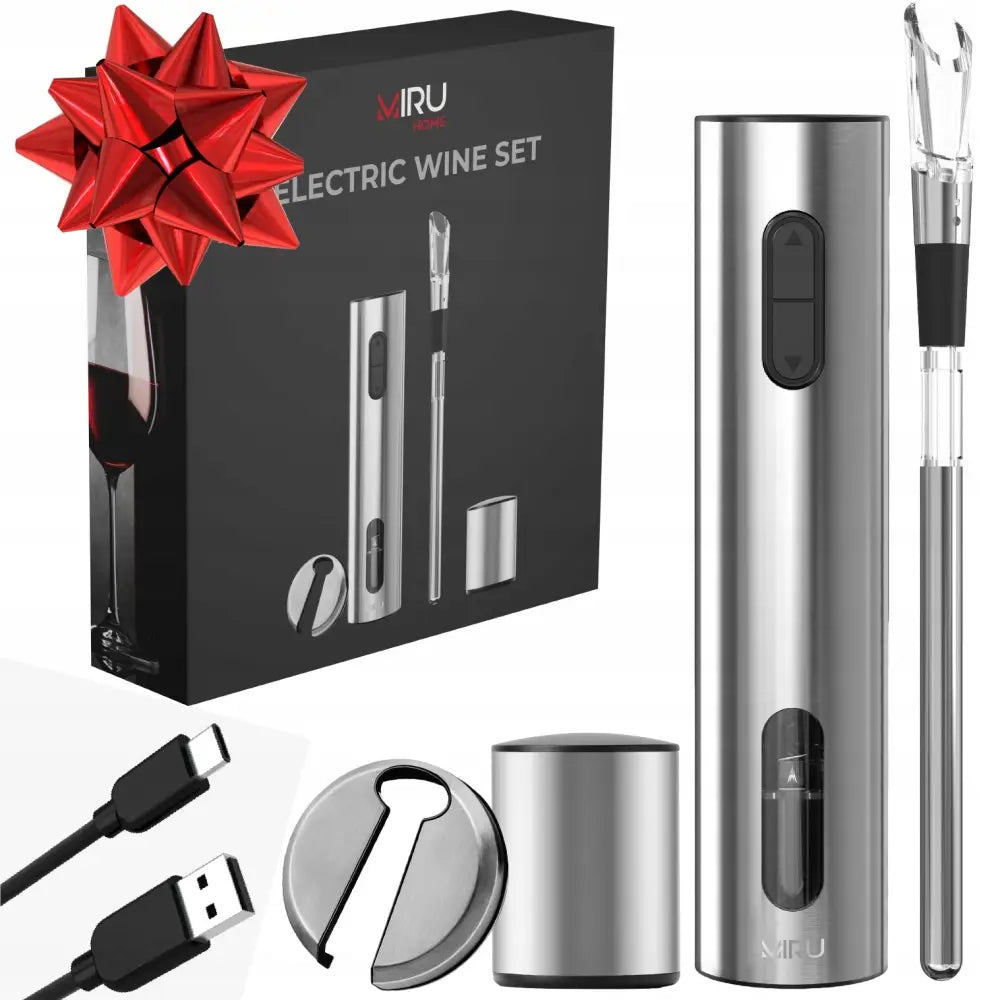 Elektrisk vinåpner og tilbehør i børstet stål, komplett gaveeske med rød sløyfe og elegant oppbevaringsboks.