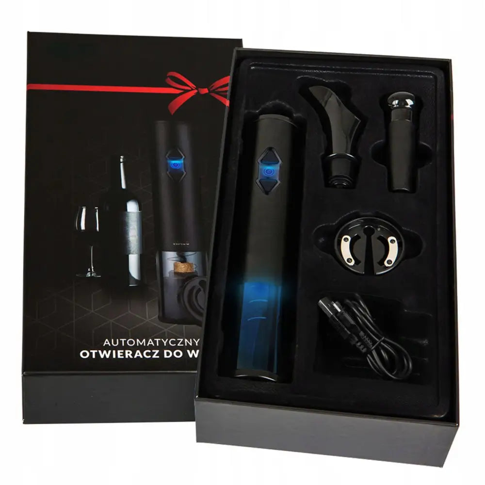 Elektrisk vinåpnersett i svart med blå lys, helletut, foliekutter og lader, presentert i gaveeske.