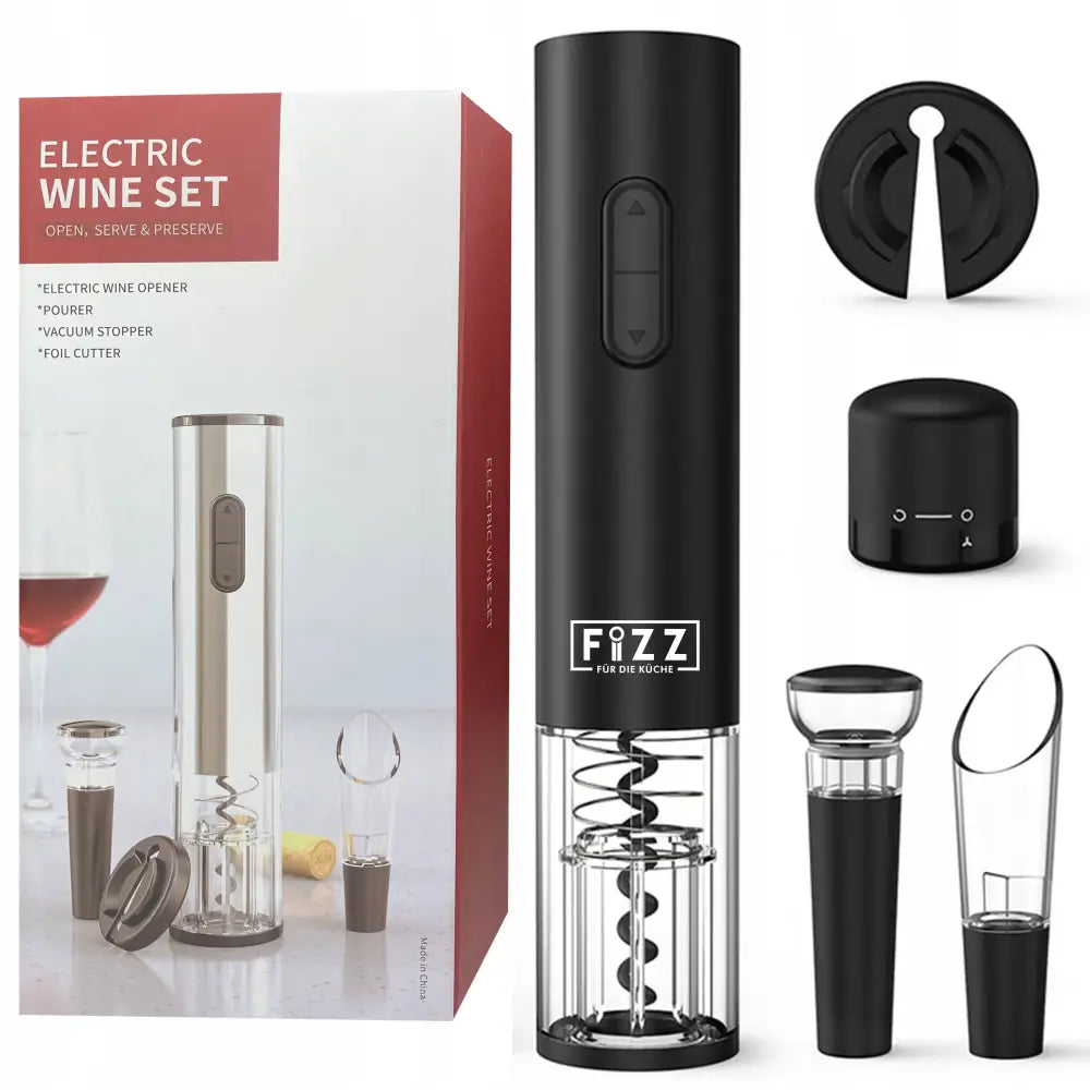 Elektrisk vinåpner-sett i svart med helletut, vakuumpropp, foliekutter og eske, sett fra ulike vinkler.