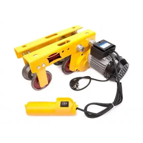 Elektrisk vogn til løftevinsj 1T, gul løpekatt med fire hjul, motor og sort ledning sett fra siden.