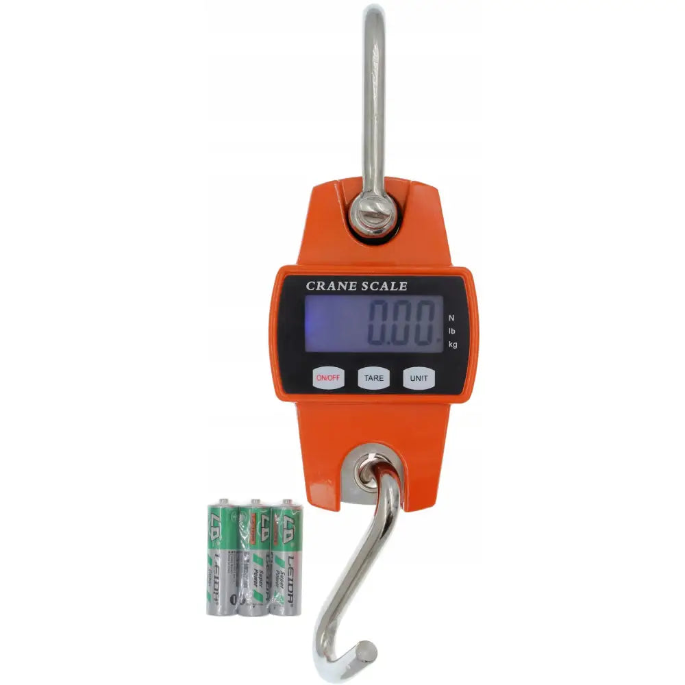 Elektronisk kranvekt industriell, oransje modell med stor digital skjerm, krok og tre knapper, batterier ved siden av.