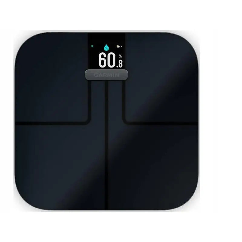 Elektronisk personvekt fra Garmin i svart, sett ovenfra med opplyst display og ikon for vannprosent.