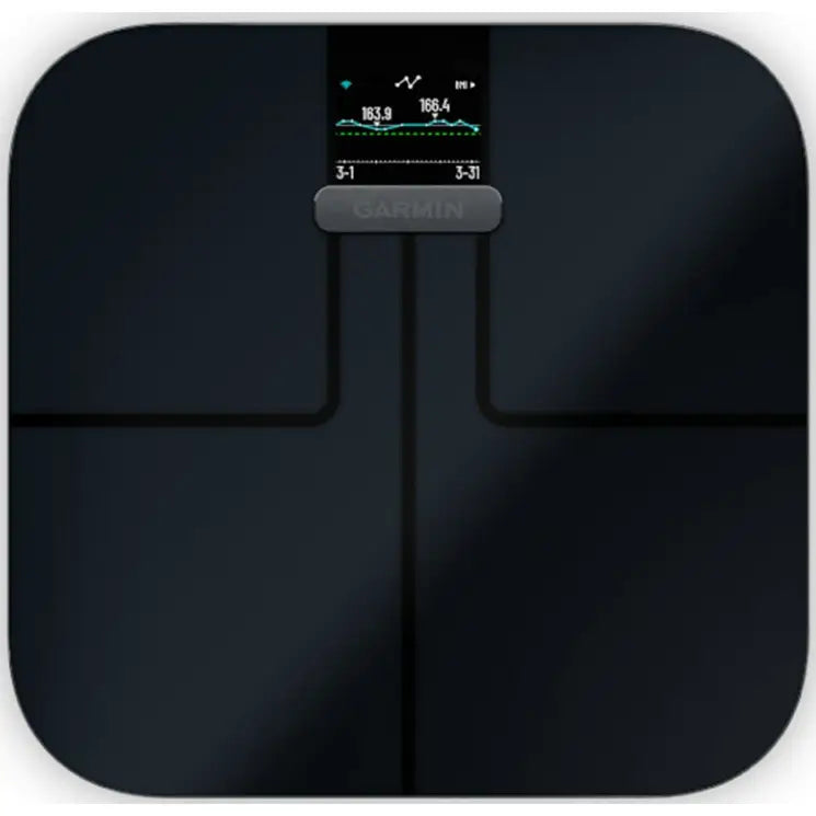 Elektronisk personvekt fra Garmin, sort glassdesign, toppvisning med digital skjerm og diskret linjemønster.