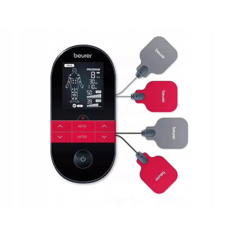Muskelstimulator Beurer EM 59, sett ovenfra med display, menyknapper og fire tilkoblede elektrodepads.