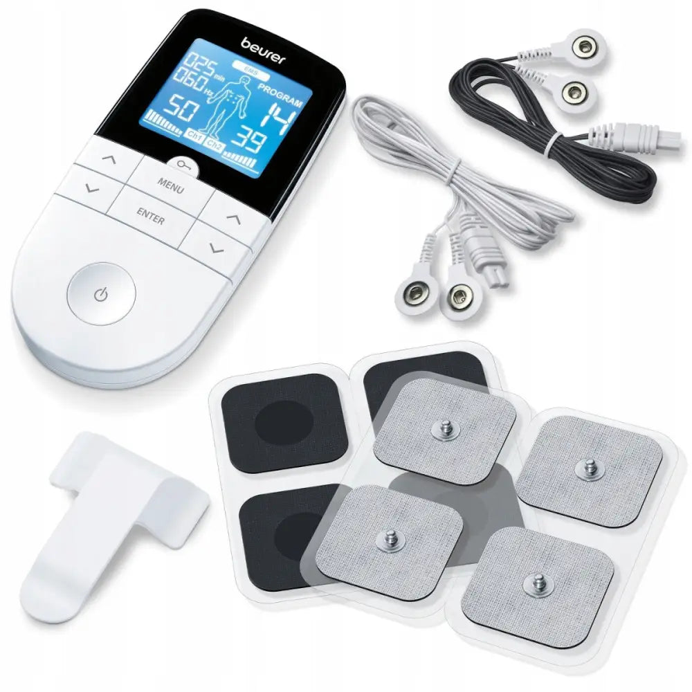 Muskelstimulator TENS/EMS Beurer EM 49 med digitalt display, elektrodepads og ledninger sett ovenfra mot hvit bakgrunn.