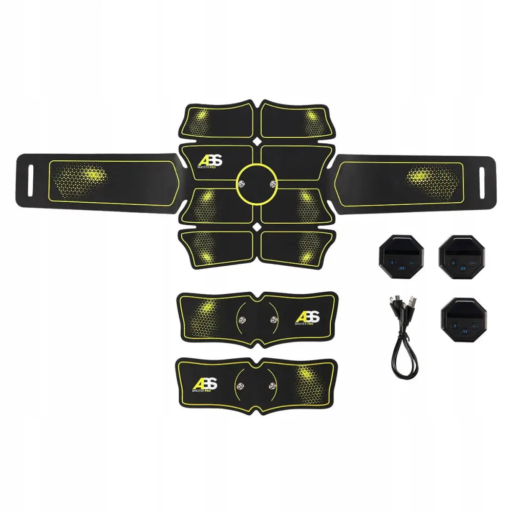 Muskelstimulator Super Abs Master Pro, sett ovenfra med ulike puter, tre kontrollenheter og USB-ladekabel.