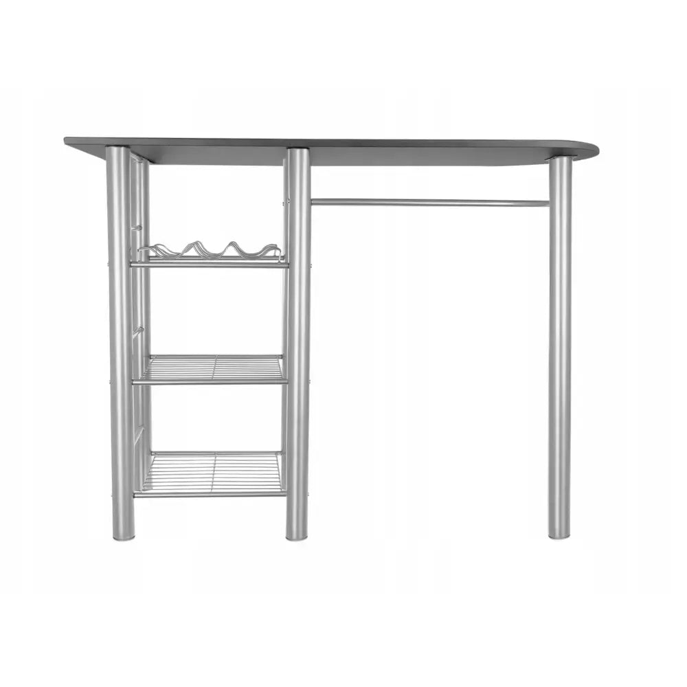 Eliza barhøyde kjøkkenøy bord i sort, frontvisning med sølvben og tre nettinghyller for oppbevaring.