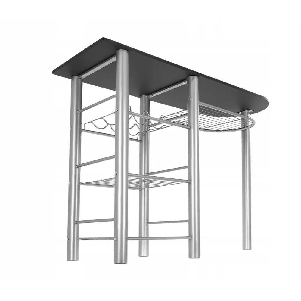 Eliza barhøyde kjøkkenøy bord i sort, underside med integrert vinholder og nettinghylle under bordplaten.