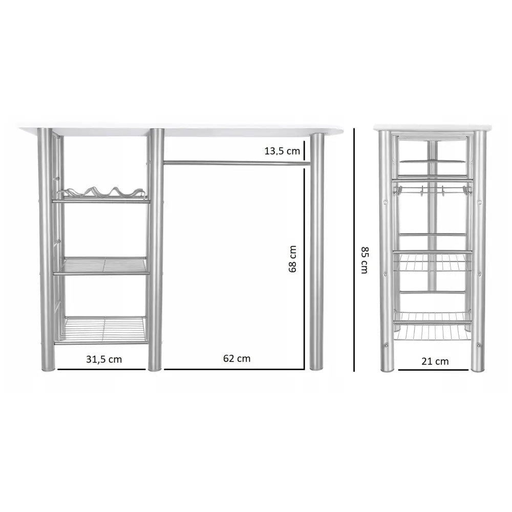 Eliza kjøkkenbord øy, side- og frontvisning med hyller, vinholder og synlige mål i centimeter.