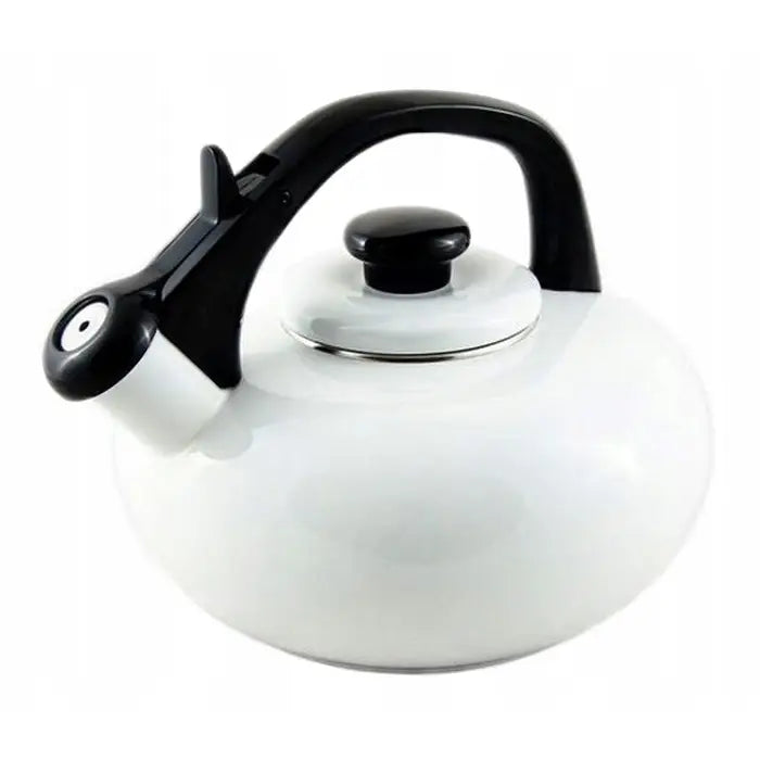 Emaljert Forchetto Luna Bianco vannkoker 2,5L, hvit med sort håndtak og lokk, skrå vinkel, avrundet form.