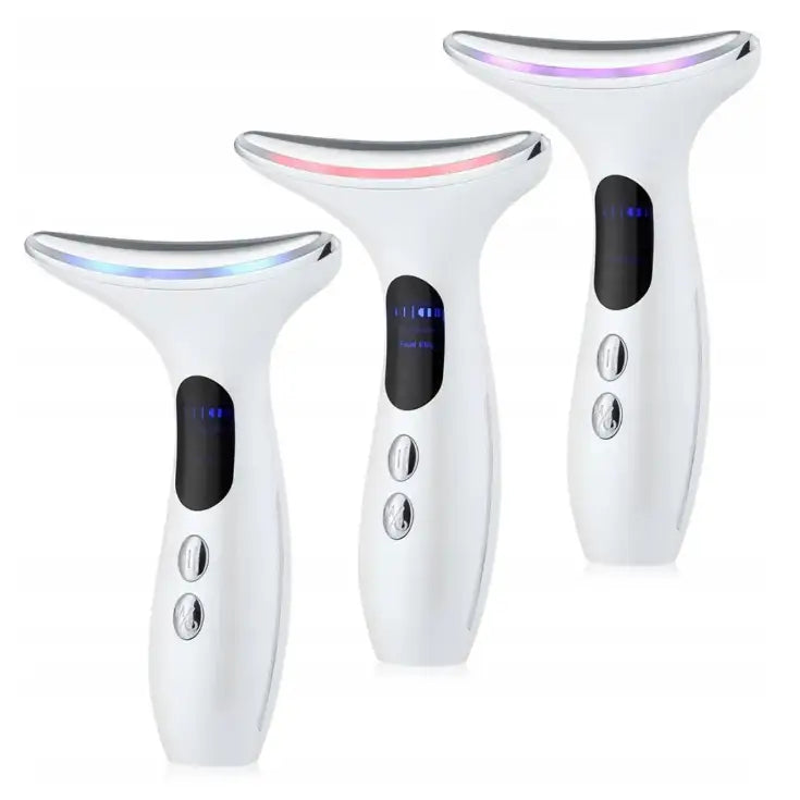 Massasjeapparat V20, tre enheter med buede hoder i blått, rødt og lilla lys, frontvisning med digitale skjermer.