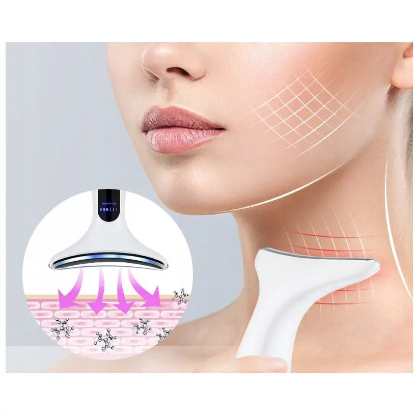 Massasjeapparat V20 i bruk på hakeparti, med illustrasjoner av hudpleieeffekt og apparatets teknologi.