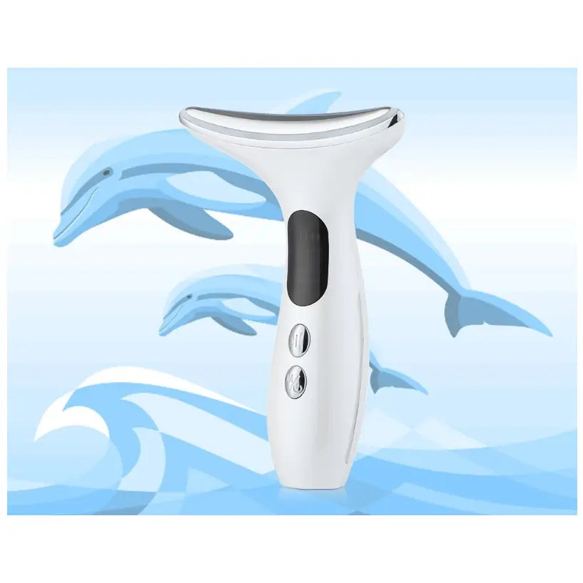 Massasjeapparat V20, frontbilde som fremhever buet metalldel, to knapper og svart display på hvitt håndtak.