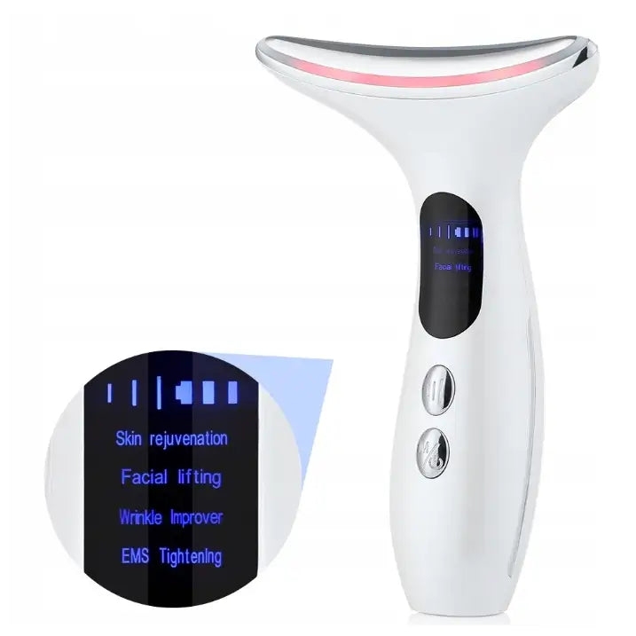 Massasjeapparat V20, sidevisning med sølvfarget topp, rosa lys og blått display med behandlingsvalg.