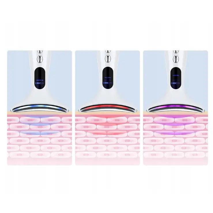 Massasjeapparat V20, tre enheter med blå, rød og lilla LED-lys demonstrerer effekt på hudlag.
