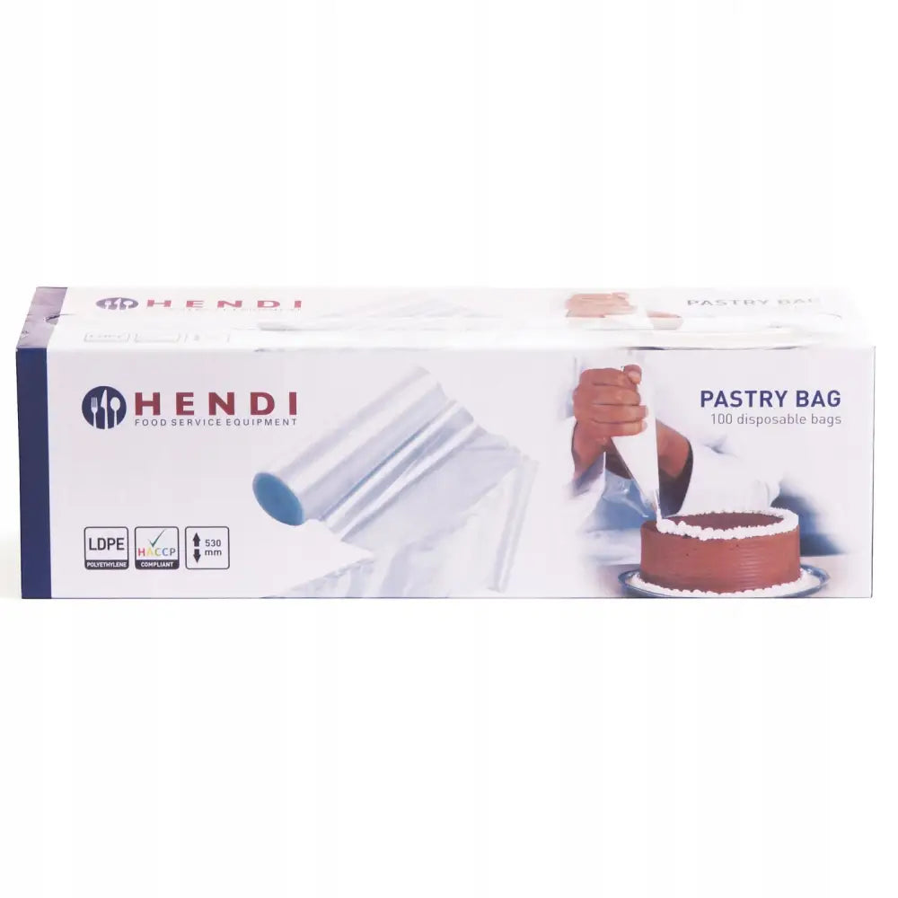 Engangs plast sprøyteposer for dekorering, viser eske og hånd som pynter kake med gjennomsiktig pose.