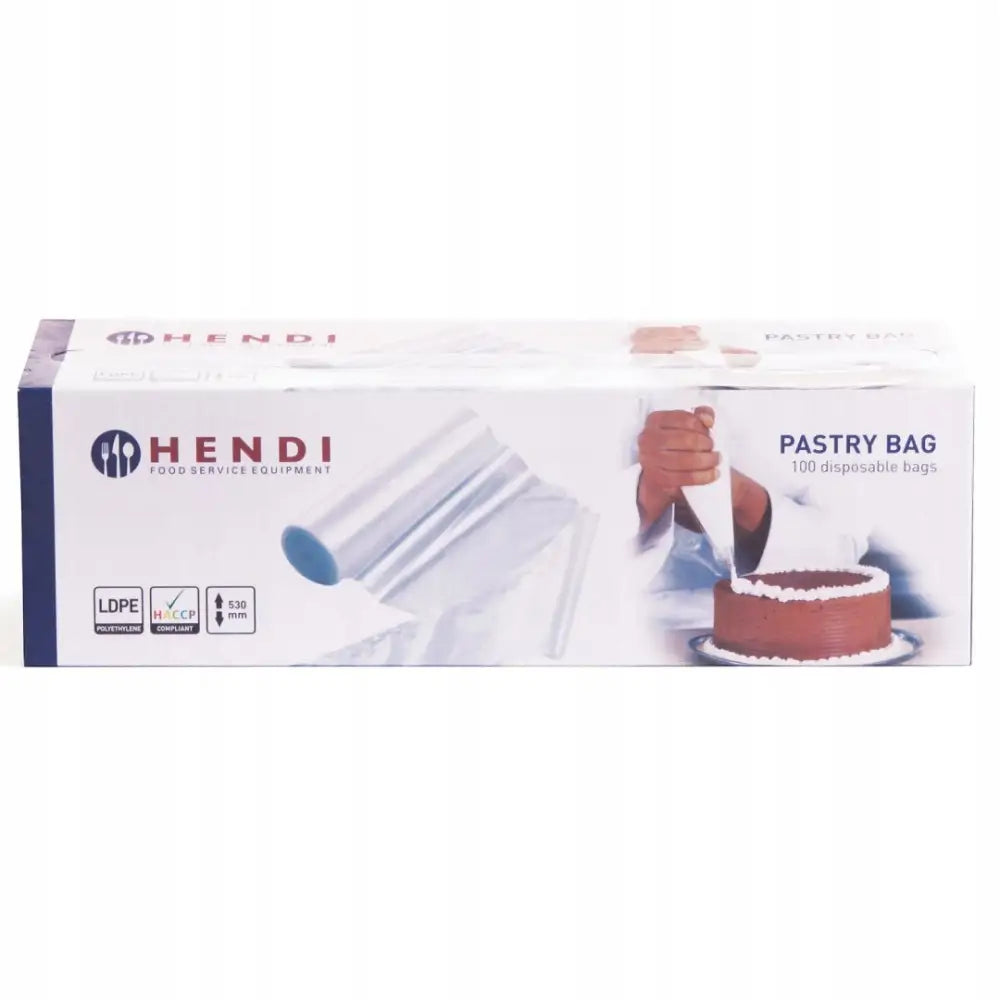 Engangs plast sprøyteposer for konditorbruk, eske med bilde av hånd som dekorerer kake med krem.