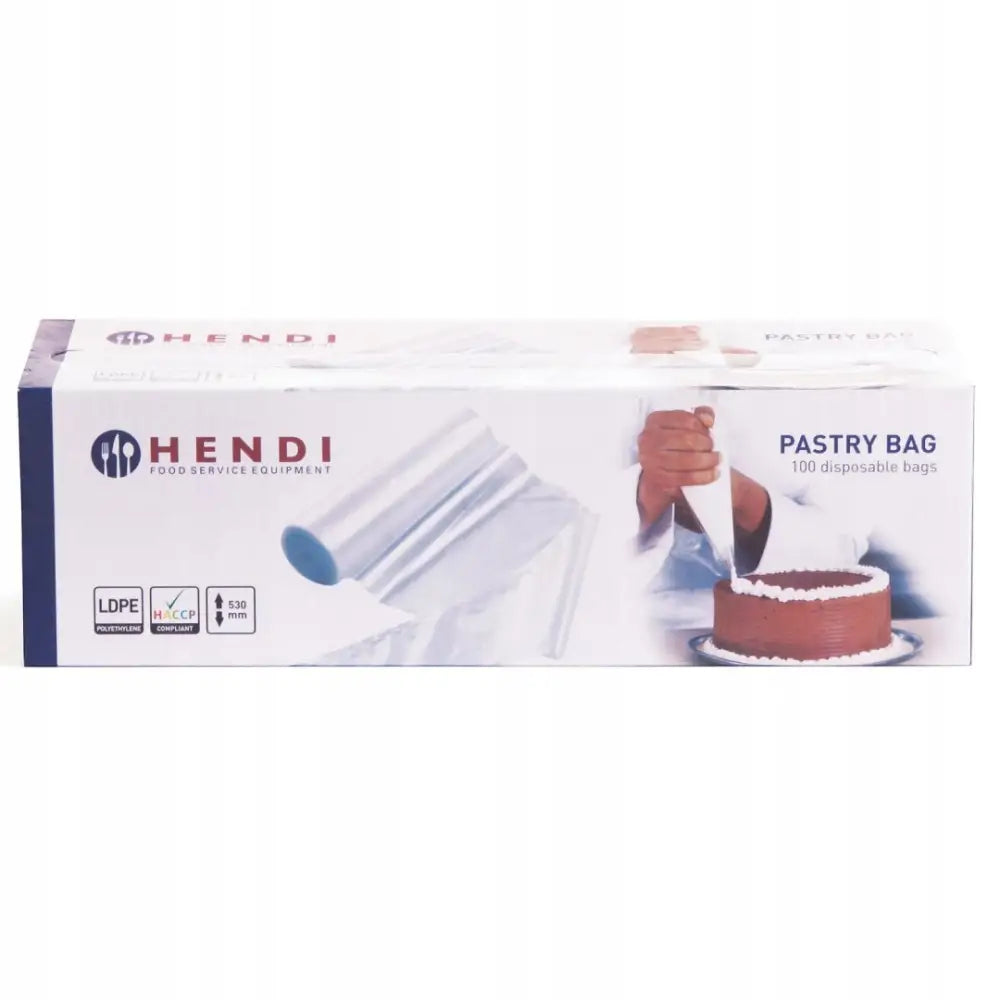 Engangs plast sprøyteposer for konditorbruk, eske med illustrasjon av kakedekorering med sprøytepose.