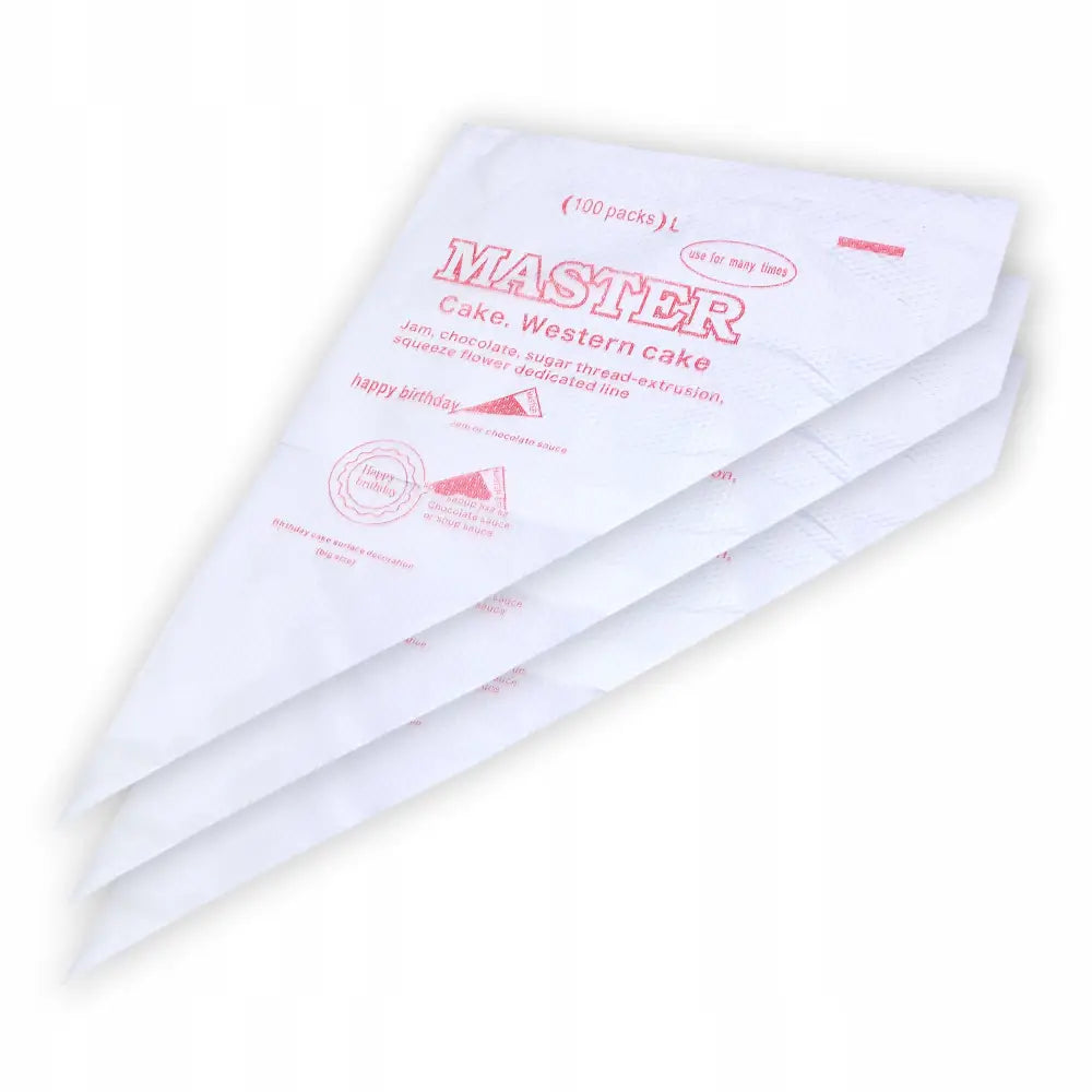 Engangs sprøyteposer for konditorbruk, tre hvite poser med rød trykk stablet, sett ovenfra.