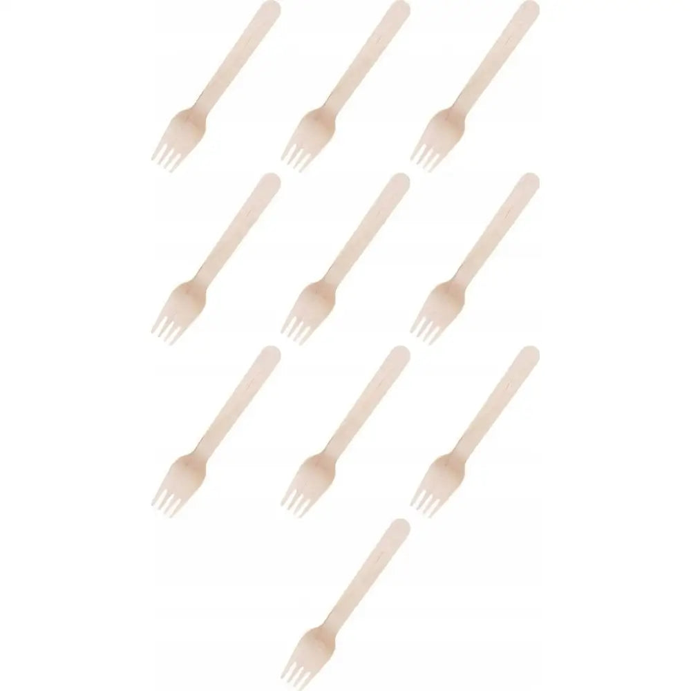 Engangsgafler i tre, ti lysebrune gafler pent fordelt mot hvit bakgrunn, sett ovenfra.