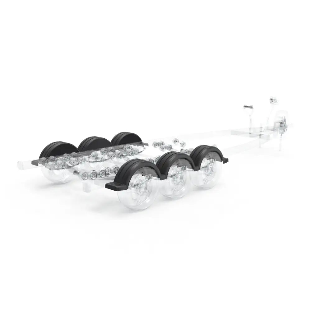 Enkelt skjerm for tilhengere, skråvisning som fremhever seks klare hjul, svarte hjulbuer og gjennomsiktig design.