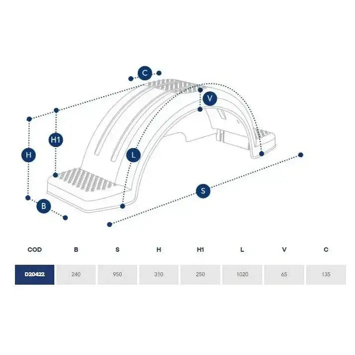 Enkelt skjerm for tilhengere, teknisk tegning som viser buet form, målestreker og tilhørende måltabell.