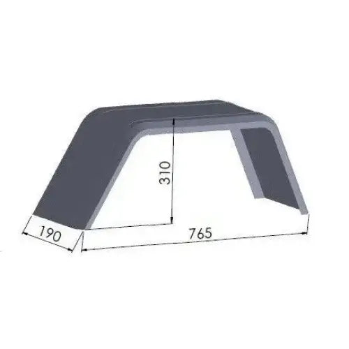 Enkelt skjerm for tilhengere 13", sideperspektiv med måltegninger for lengde, høyde og bredde.