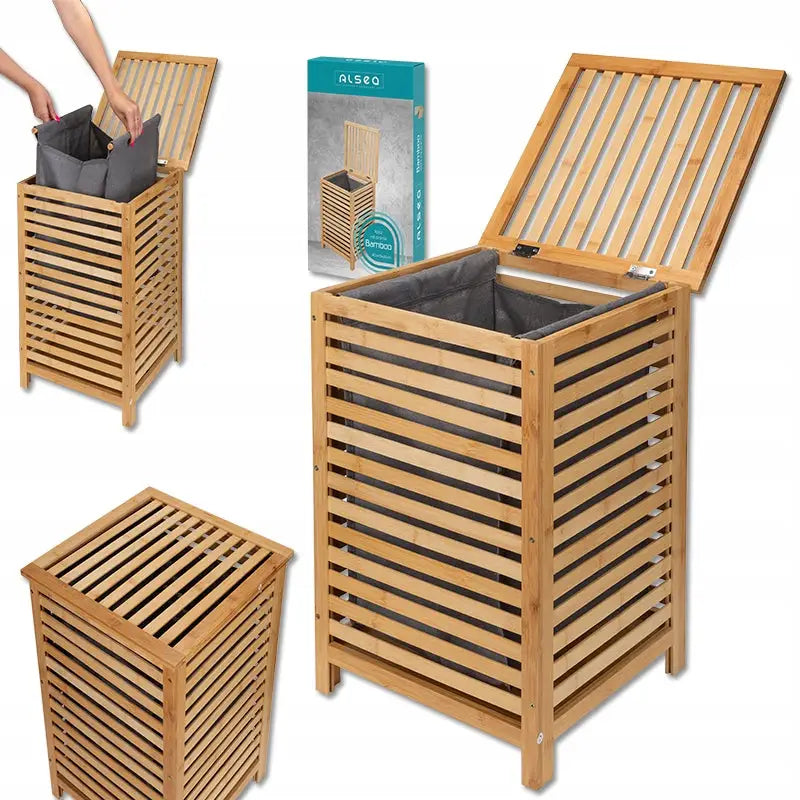 Enkeltroms bambusvaskkurv med horisontale spiler, åpent lokk og grå avtagbar tekstilpose.