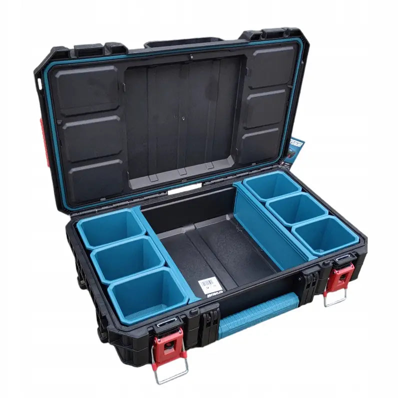 Erbauer verktøykasse sett, åpent lokk viser seks blå rom og stort midtfelt, røde låser foran.
