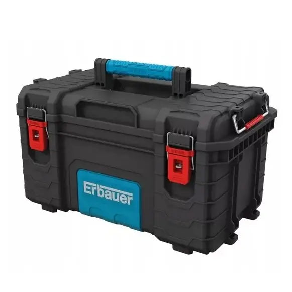 Erbauer verktøykasse i hardplast, skråvisning med røde klips, solid håndtak og metallforsterkede hjørner.