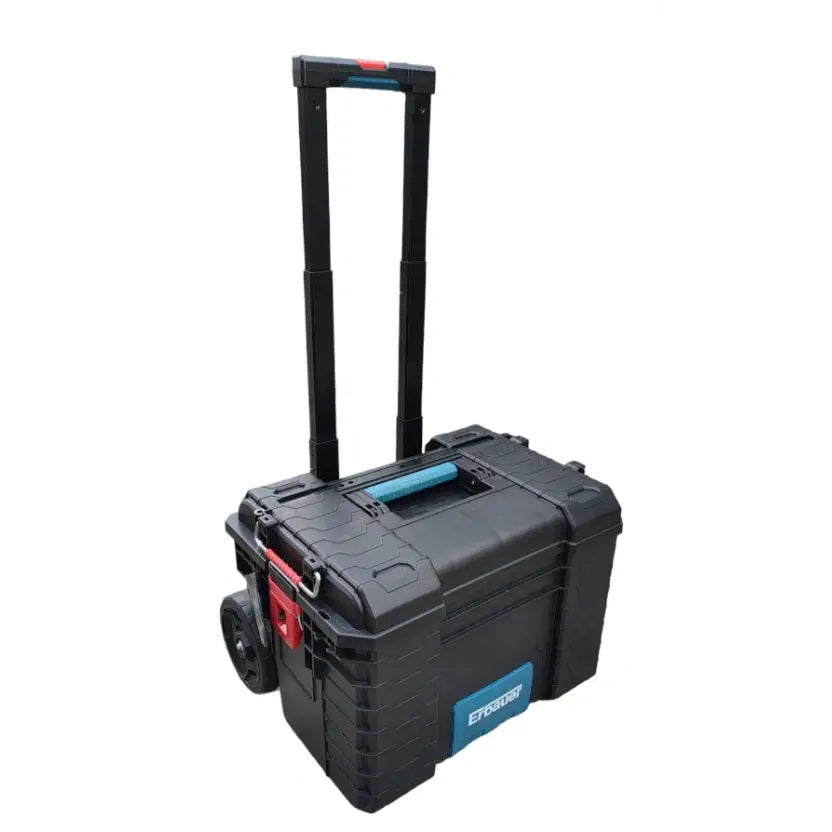 Erbauer verktøykasse på hjul, skrått sett med synlige låser, røde detaljer og uttrekkbart håndtak.