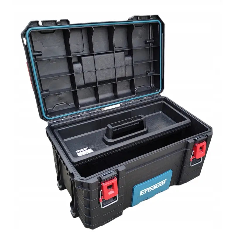 Erbauer verktøykasse i sort plast, åpent lokk, uttakbar innsats med håndtak, røde låseklips og blått merke.