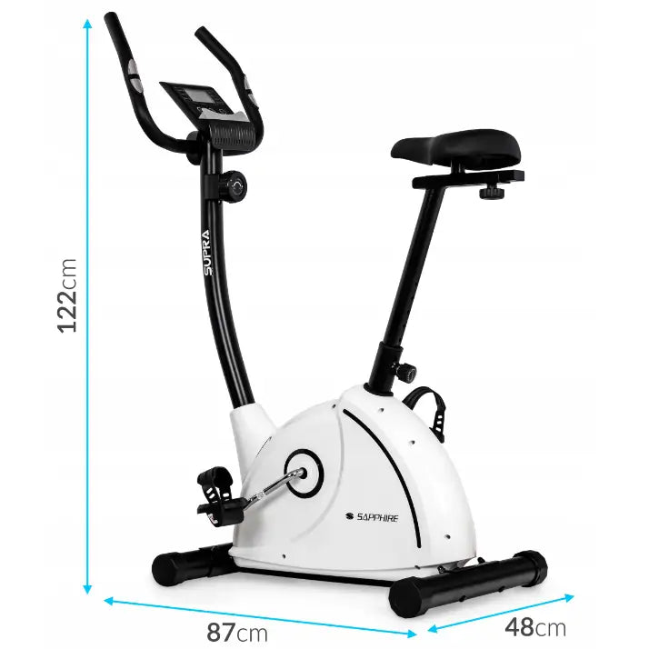 Ergometersykkel SAPPHIRE SUPRA, sidevisning med synlig LCD-skjerm, justerbart sete og markerte mål.